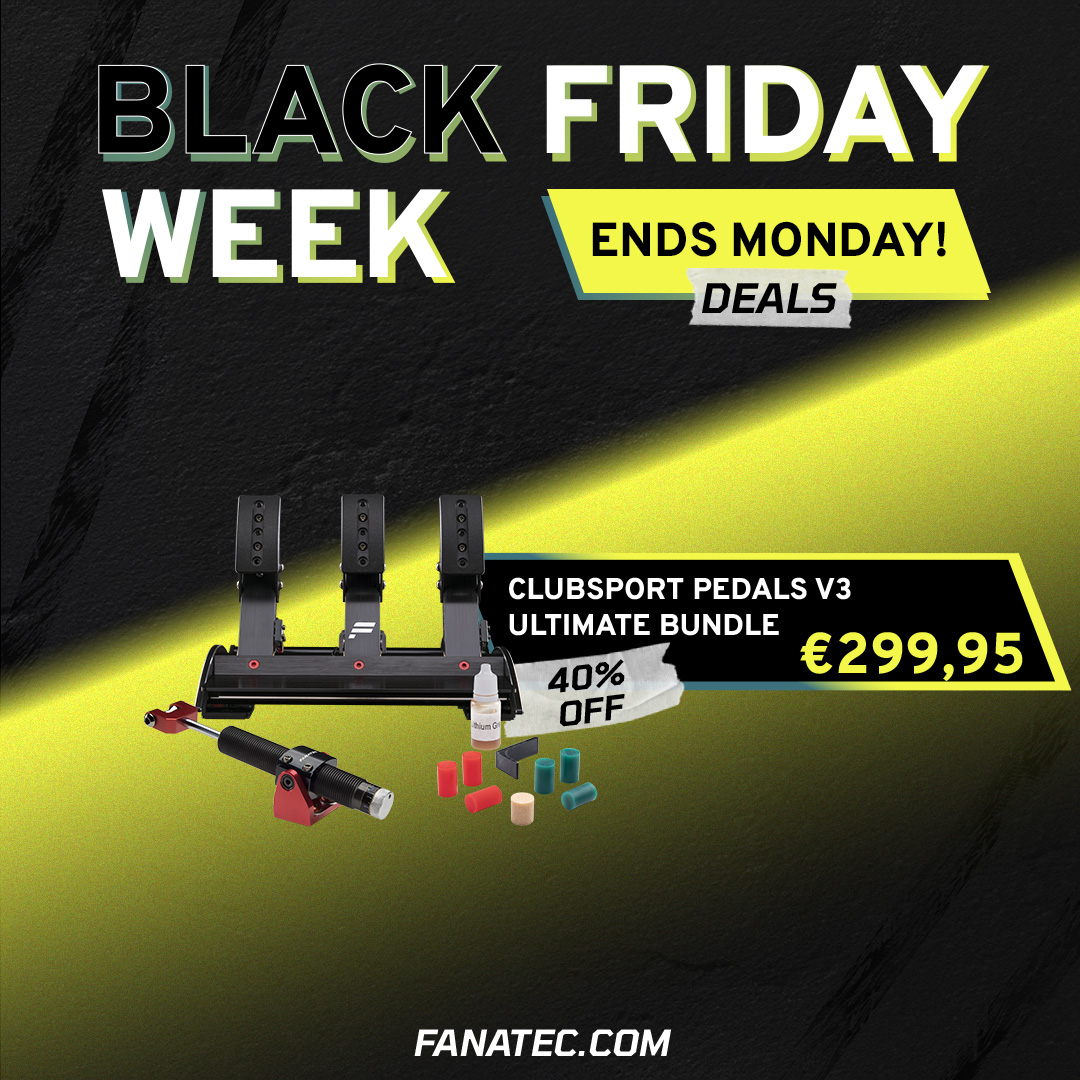 Our Black Friday Deals end on Monday, grab them while you still can! Did you see the ClubSport Pedals V3 offer? Awesome price and includes both upgrade kits! #blackfriday #simracing #fanatec
