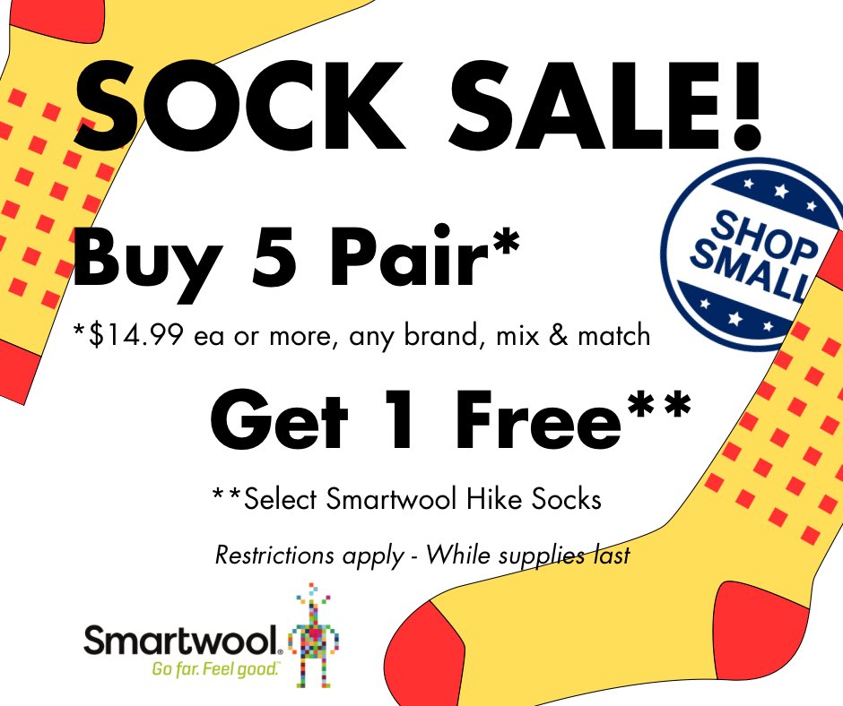 TheWoolenMills's tweet image. Hooray #SmallBusinessSaturday! Hooray Sock Sale!🧦𝗕𝘂𝘆 𝟱 (Smartwool, Wigwam, Alpaca, Darn Tough, Fox River, mix &amp;amp; match) for $14.99 ea or more, 𝗚𝗲𝘁 𝟭 (select Smartwool Hike Socks)! 𝑅𝑒𝑠𝑡𝑟𝑖𝑐𝑡𝑖𝑜𝑛𝑠 𝑎𝑝𝑝𝑙𝑦-𝑊ℎ𝑖𝑙𝑒 𝑠𝑢𝑝𝑝𝑙𝑖𝑒𝑠 𝑙𝑎𝑠𝑡
#ShopSmallShopLocal
