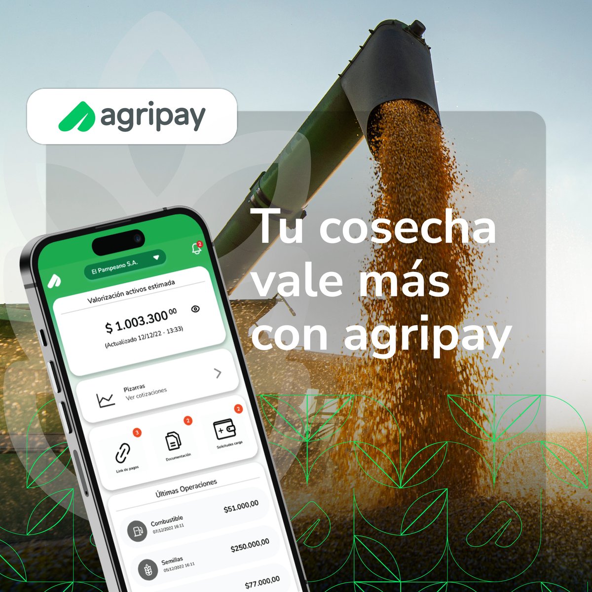 agripay_ar's tweet photo. 🌾 ¡Maximiza el valor de tu cosecha con Agripay!  Carga tus kilos en la billetera de Agripay.  Paga o canjea insumos, repuestos o maquinaria.  Tus kilos a pesos cuando quieras.  Accede a financiamiento exclusivo con tus granos como garantía. Consulta con tu acopio de confianza 🌾 https://t.co/QOfEz9kKe9