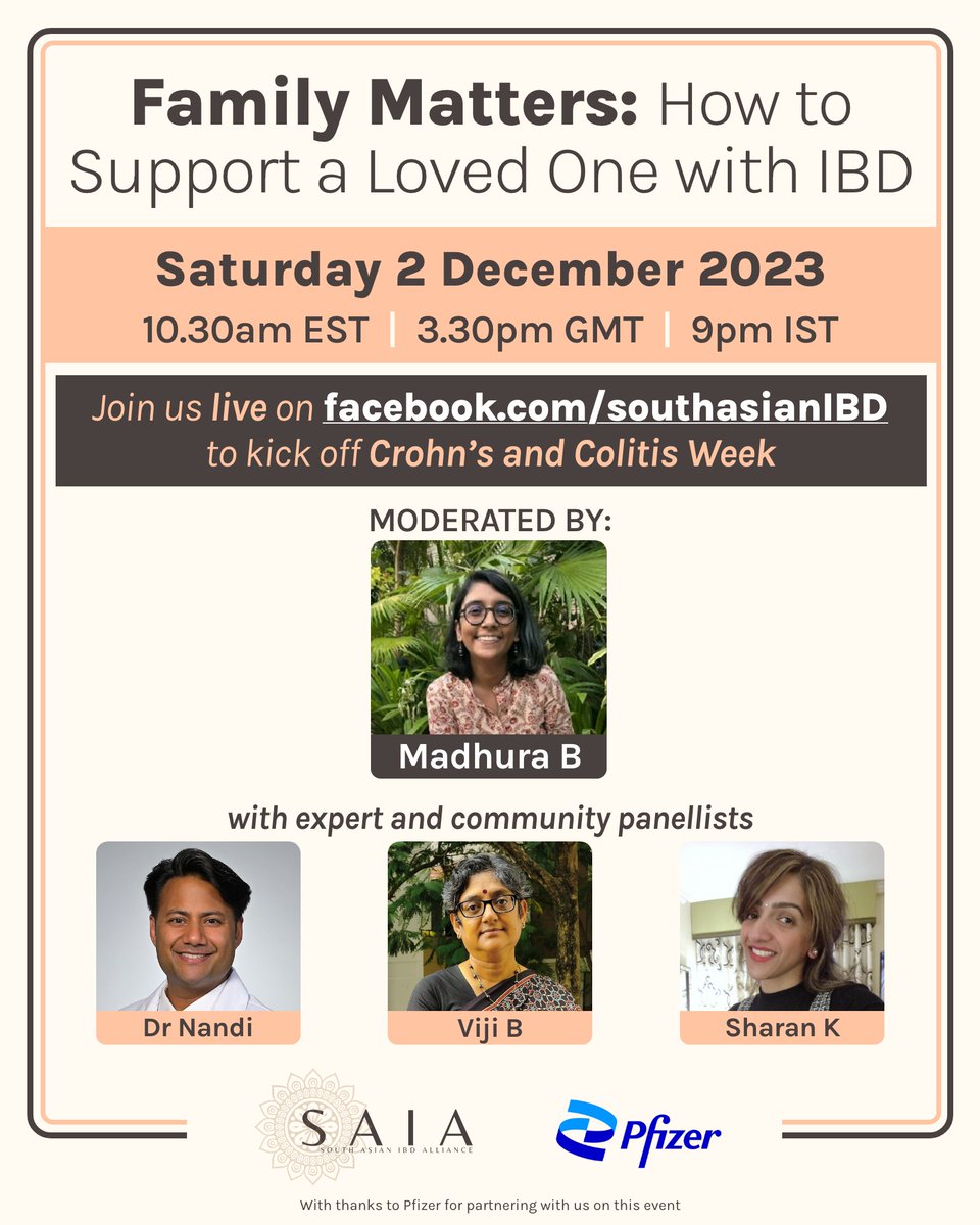 This #CCAwarenessWeek we are proud to partner with @pfizer on the talk, Family Matters: How to Support Your Loved Ones with #IBD! @fitwitmd, @crohnsbabble, Viji B & @rebelliousgut discuss #family involvement in #SouthAsianIBD care! Tune in LIVE on Dec 2: facebook.com/southasianibd