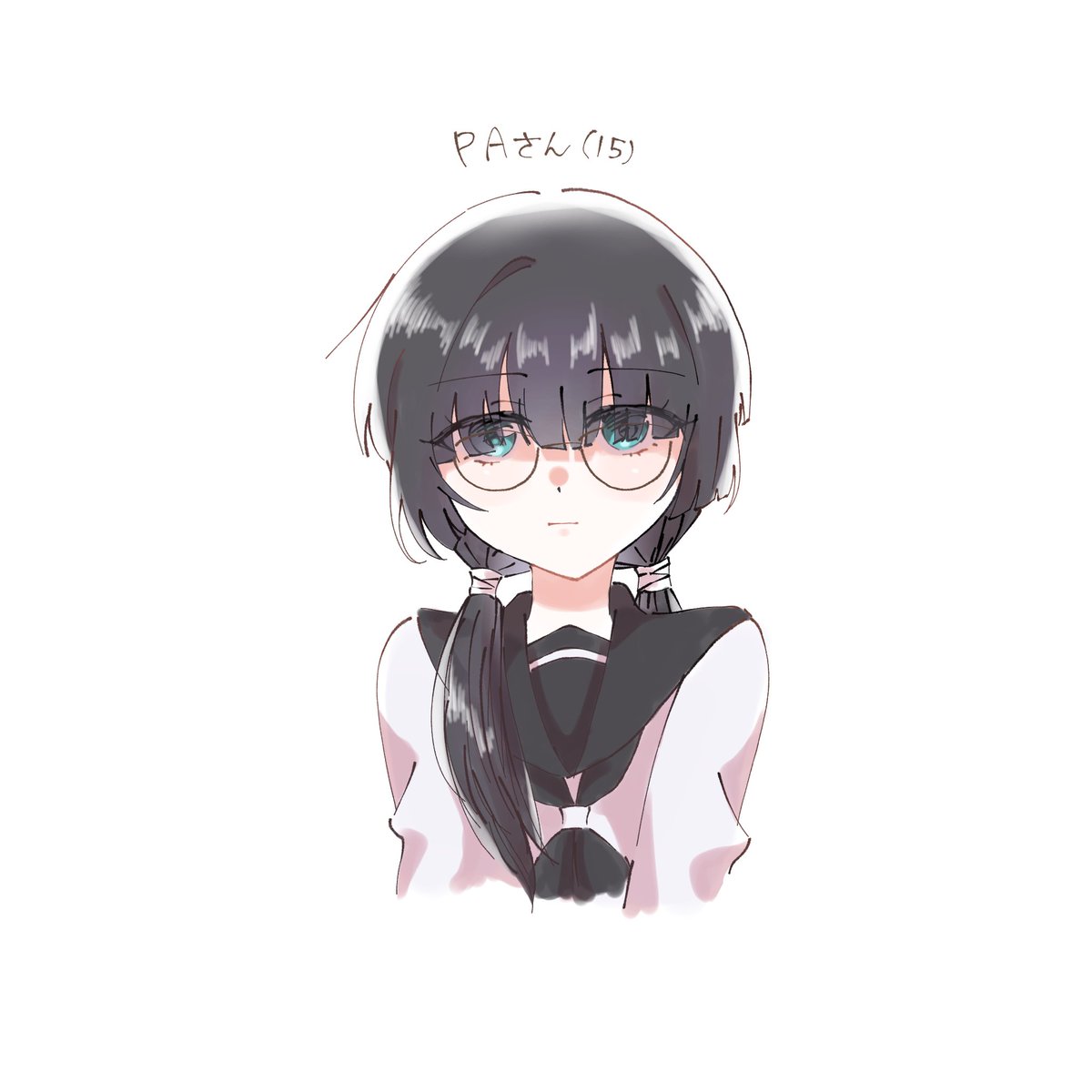 1girl solo glasses school uniform black hair twintails white background  illustration images