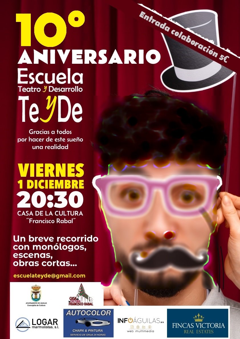 #10añosEscuelaTeatroTeyDe El viernes 1 de diciembre a las 20:30 h,  estaremos en la Casa de la Cultura haciendo un breve recorrido con algunas de las representaciones que han formado parte de los 10 años de teatro.
Monólogos, escenas cortas...
bacantix.com/Entradas/WebFo…
#Águilas