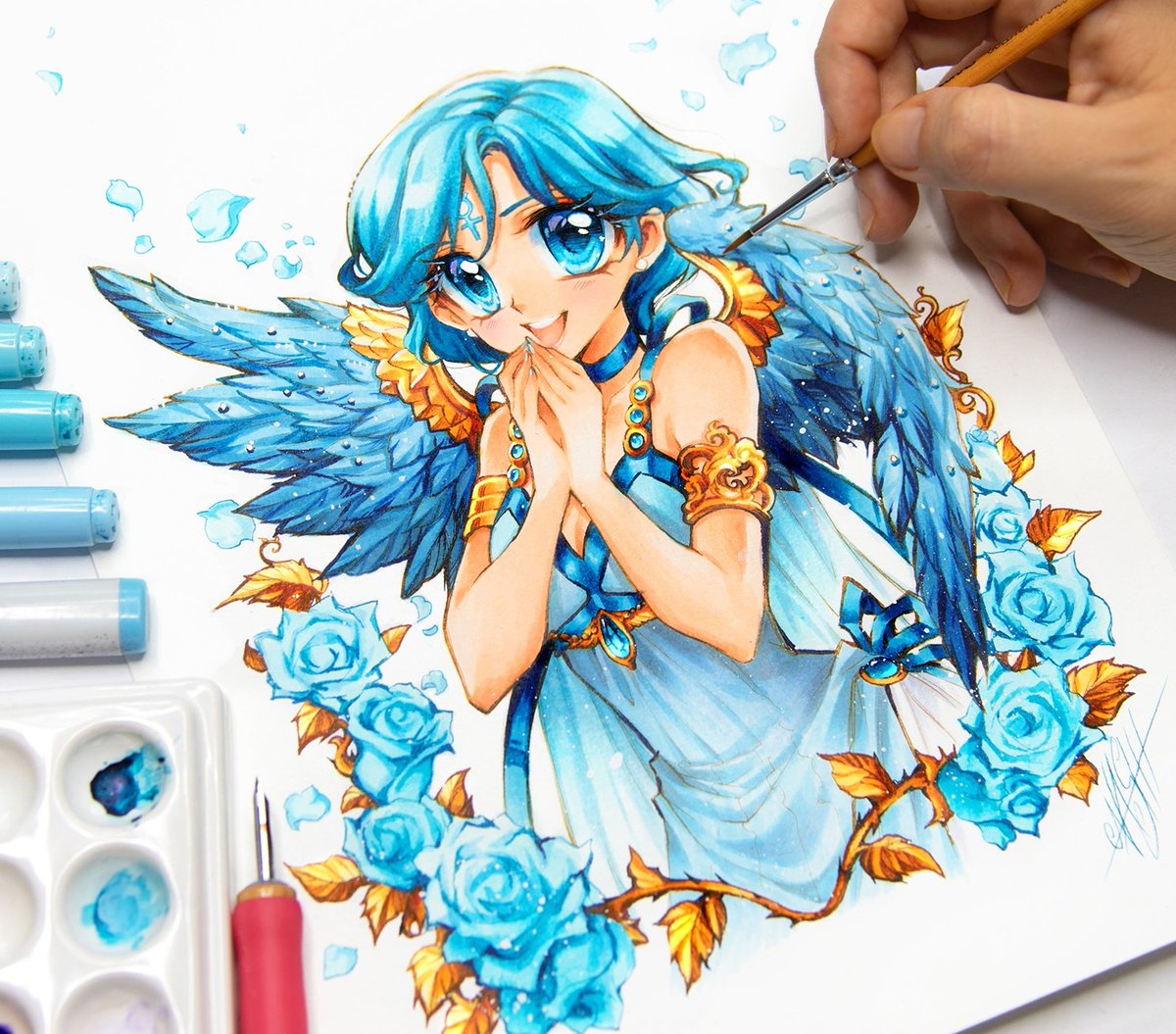🩵 Moon Angel Mercury 🩵
Mostly done with Copic Marker and with a bit of vivid watercolors Mercury is starting the new Moon Angel Series.
Do you like blue? 🩵
#sailormercury #sailormooncrystal #sailormoon #angel #wings #sailormoonfanart #watercolor #copic #manga #copicmarkers