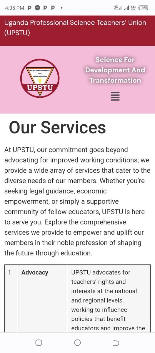 We have updated our website upstu.org/our-services/ to include services offered to members the Sci Trs by our union. All Sci Trs are encouraged to visit our website regularly to check the services they can access 
We remain steadfast in attending to issues affecting our members!