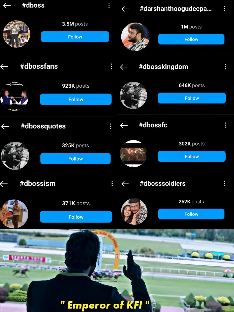 Top Tags of DBoss in Instagram :

#Dboss -3.5 M
#Darshanthoogudeepashrinivas-1M
#Dbossfans -923K
#Dbosskingdom -646 K
#Dbossquotes -325K
#Dbossism - 371 K
#DbossFc -302K
#DBossSoliders -252 K
#Kaatera -100 K
#BossOfSandalwood -140 K

Ruling every Platform Like a emperor 👑🔥
