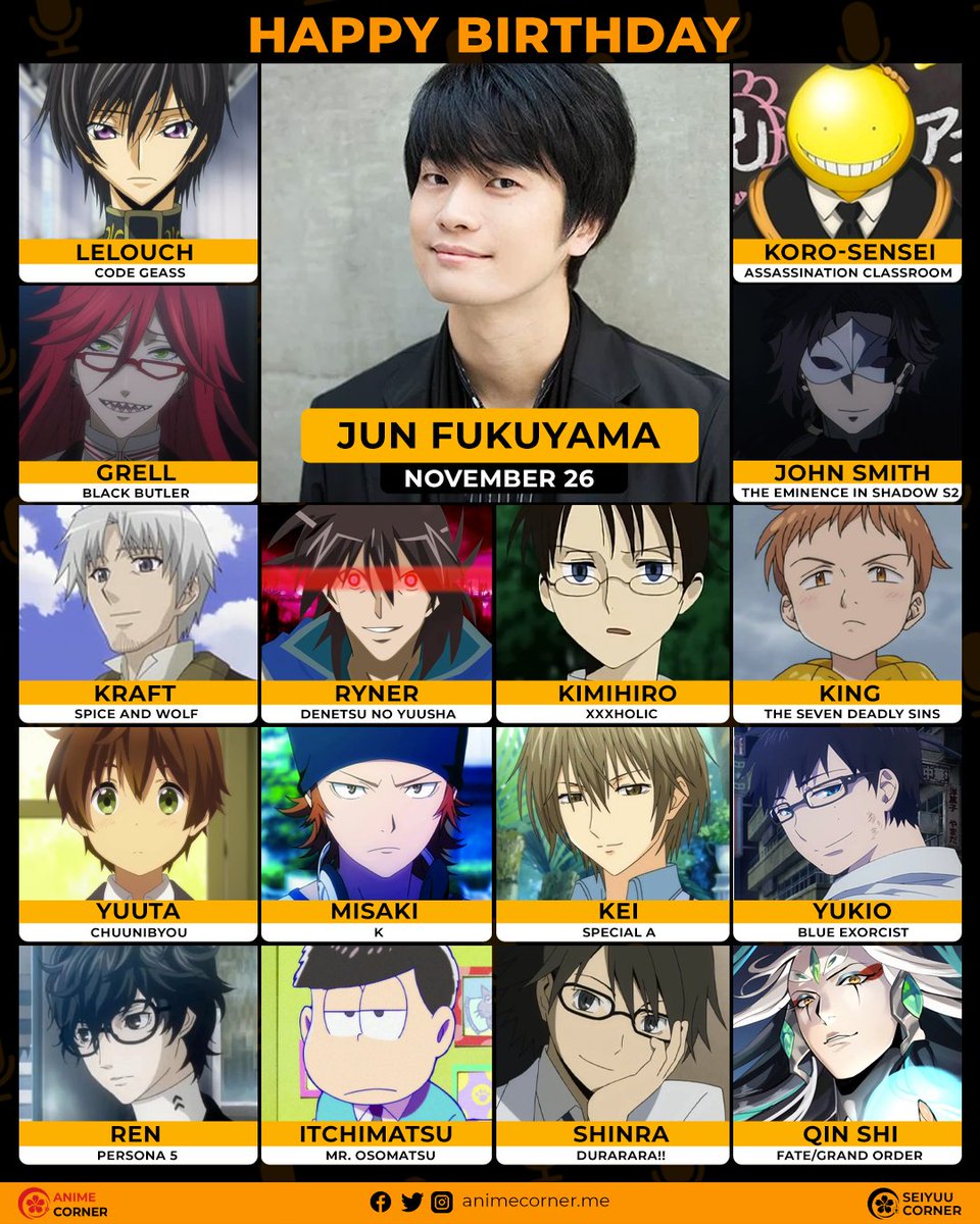 Personagens Com os Mesmos Dubladores! on X: Apenas um dos maiores ícones  entre os atores de voz no Japão, o seiyuu Jun Fukuyama tem um currículo  simplesmente maravilindo! Jun é conhecido por