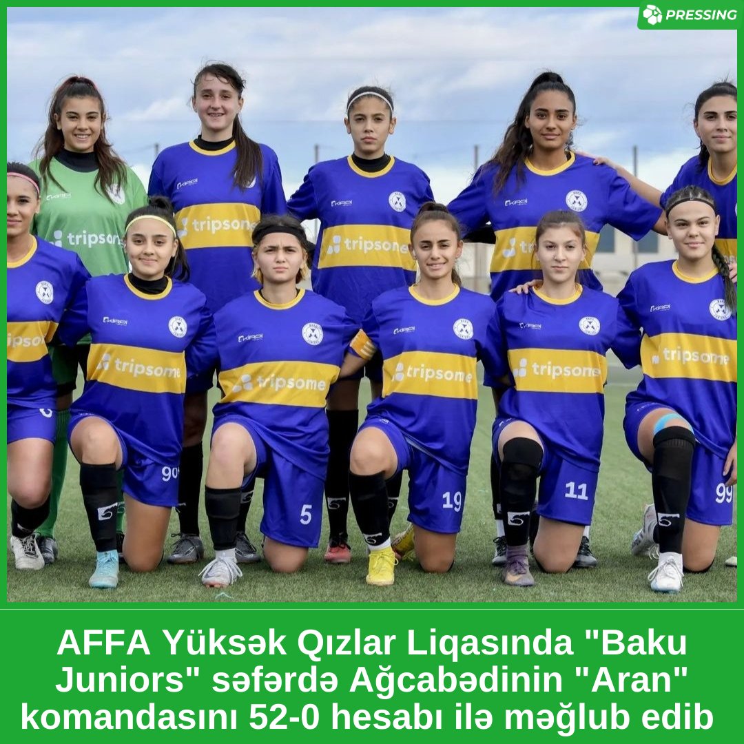 AFFA Yüksək Qızlar Liqasında "Baku Juniors" səfərdə Ağcabədinin "Aran" komandasını 52-0 hesabı ilə məğlub edib.

#pressingaz #affa #azərbaycanfutbolu #futbolumuz #bizimfutbol