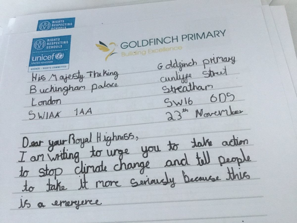 GoldfinchPrmry's tweet image. Super Starlings class have written to the King to ask him to speak to world leaders at COP28 about how climate change is affecting children's rights around the world. #RRSA #OutRight