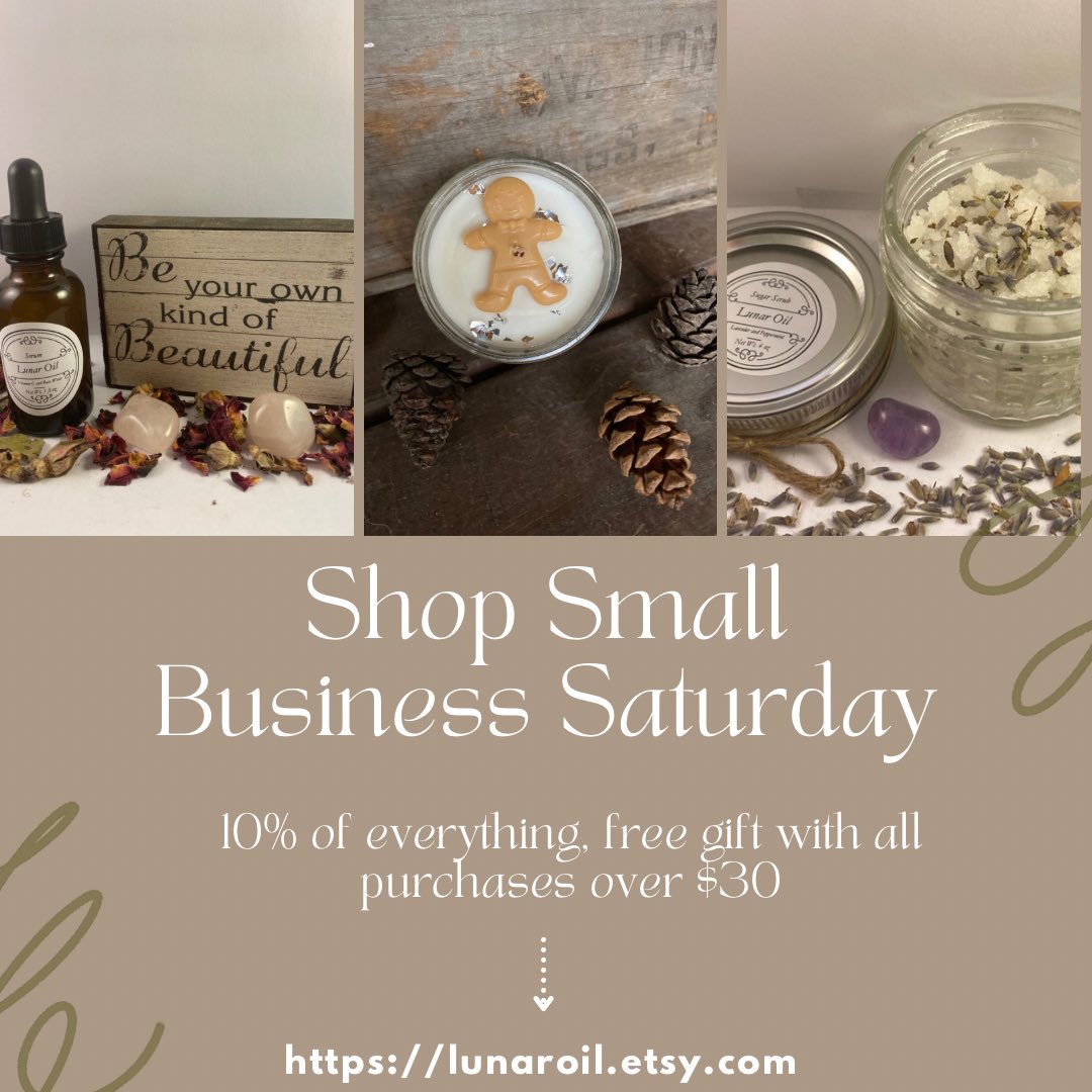 Small Business Saturday! 

Shop lunaroil.etsy.com for vegan and all natural skincare, beauty care, hair care and hand poured soy wax candles. 

10% off all products and a free gift with every purchase made over $30!
No code needed

** Free gift is a Roller Ball Perfume