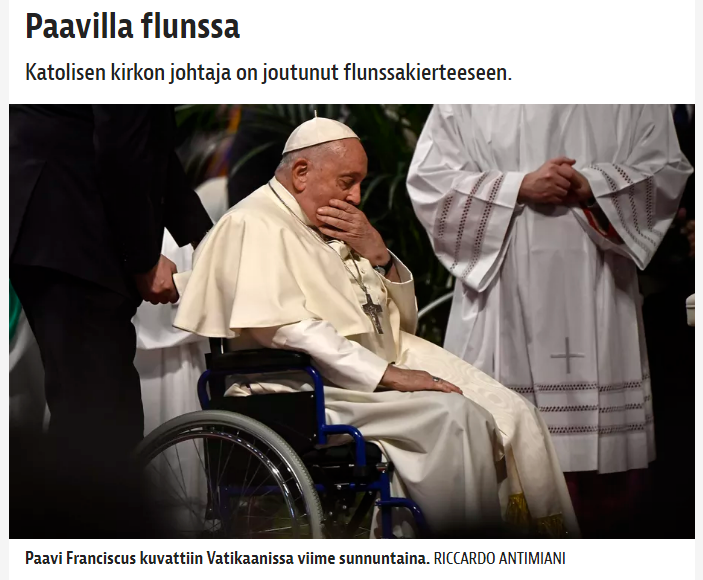 markkumyllykan2's tweet photo. Mitä paavi mahtaa olla tehnyt?
Raamatun mukaan sairaus on synnin palkka!!!
#synti #taikausko
L
Kuvakaappaus: @iltalehti_fi 25.11. https://t.co/ZWTTGiOq97