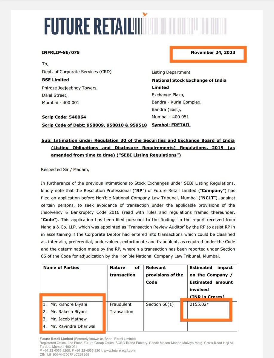 IamShareholder's tweet photo. @EconomicTimes @livemint @SEBI_India @RBI @ramesh_dugar @ravishndtv @narendramodi @NN_Bavihalli @businessline 2155 crore Rs. Fraudlent transaction has been identified By Resolution professional of Future Retail. @nsitharaman please take cognizance of Future Group investors @RBI https://t.co/mHRCJWuWIv