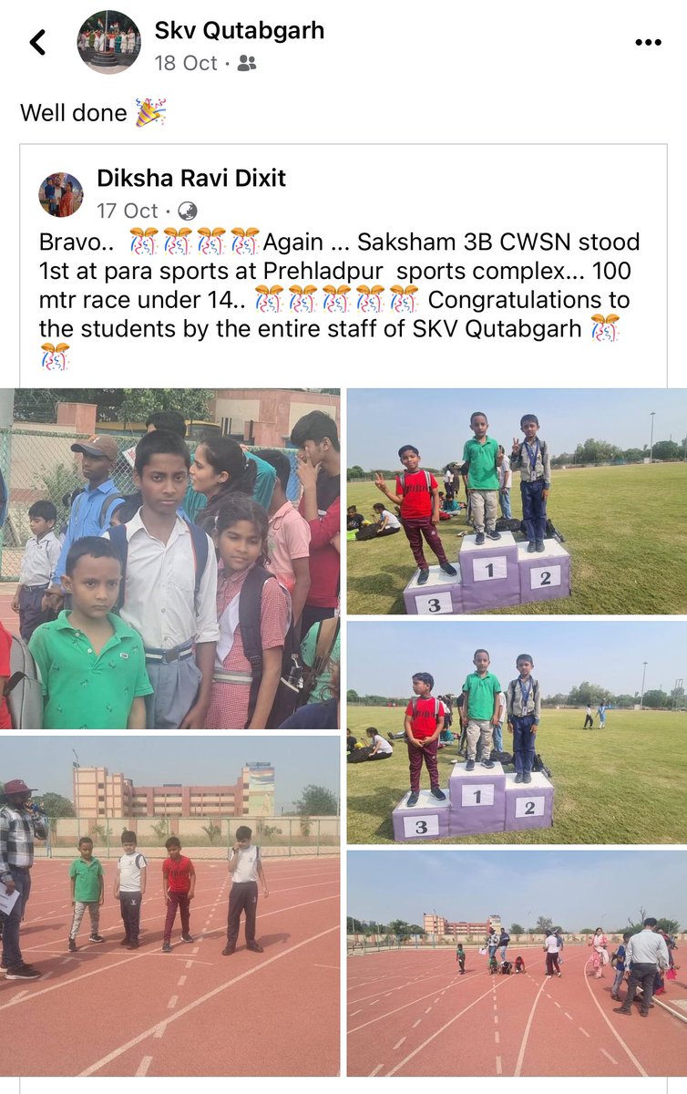 QutabgarhSkv's tweet photo. Bravo 🎊🎊Our little kid Saksham ..Class 3rd #Cwsn got #1stpostion #parasports in #100mt race under 14.
#InclusiveSuccess
#FirstPositionAchievement
#SpecialNeedsChampion
#AbilityNotDisability
#InspiringCWSN
@princypandit https://t.co/mMAlGlaqag