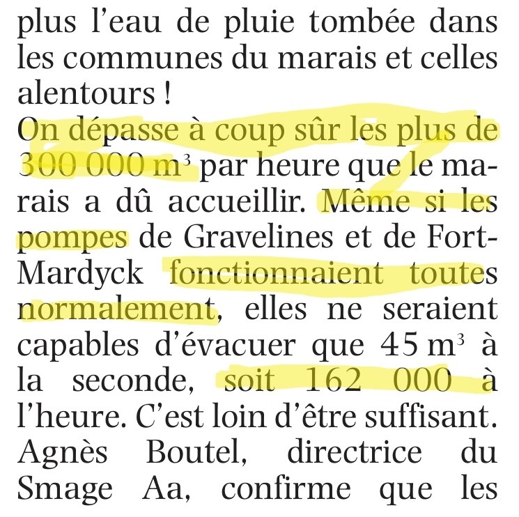 Dover63A's tweet image. Inondations Pas de Calais

Un rapport de 2008 repris par la cour des comptes préconisait d'augmenter les capacités de pompage vers la mer jusqu'à +180% ?

15 ans plus tard on reconnaît que toutes les pompes ne fonctionnent pas normalement et que le débit devrait être le double ?