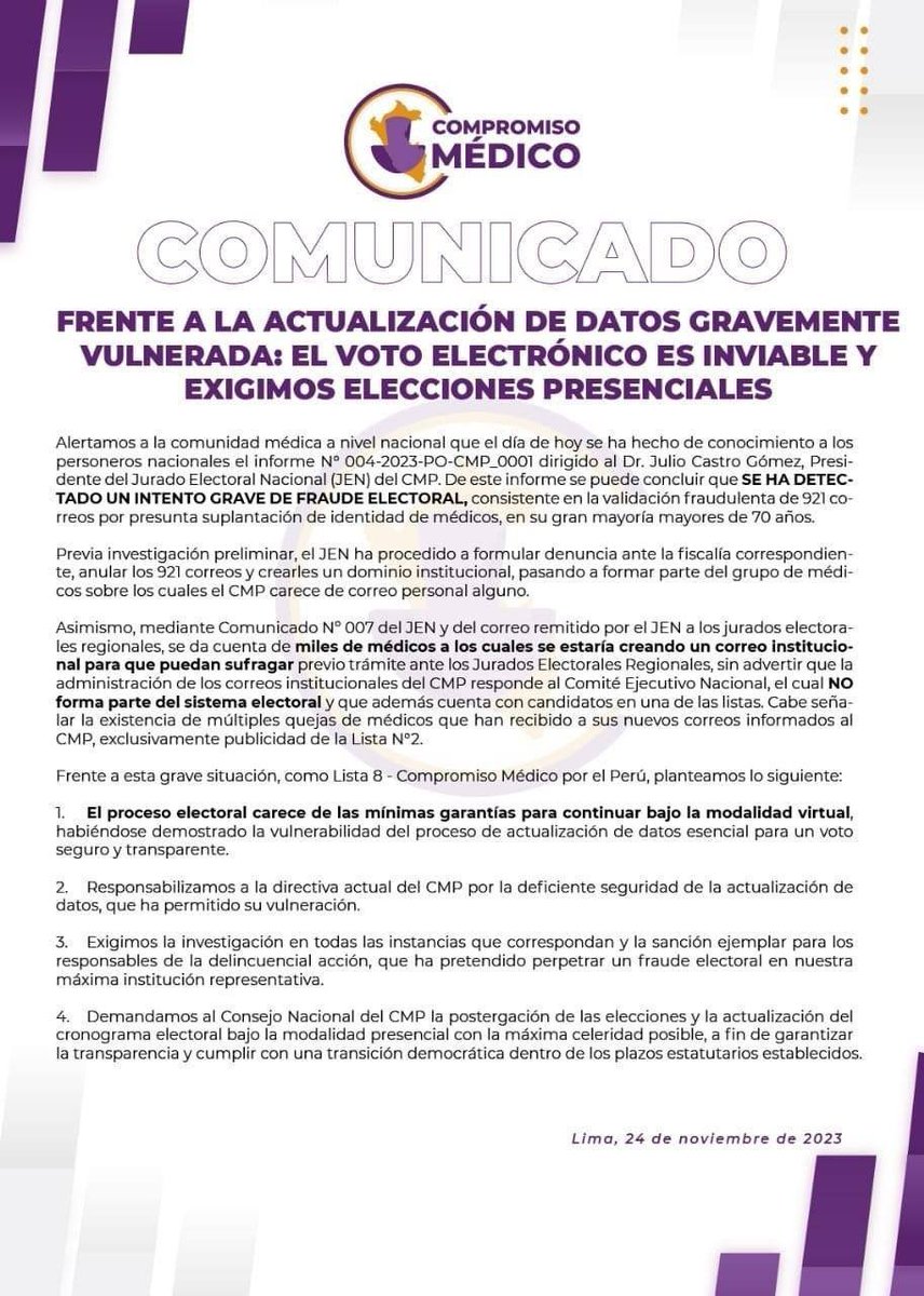 Alvaro_Taype's tweet photo. Se encontraron al menos 921 casos de correos creados masivamente para emitir votos suplantando a médicos mayores de edad en las elecciones del CMP (informe: https://t.co/QmWExe2DAO ).

Ahora una de las listas pide elecciones presenciales, como la saga de elecciones de HxH. uu https://t.co/BNVsi4KbEr