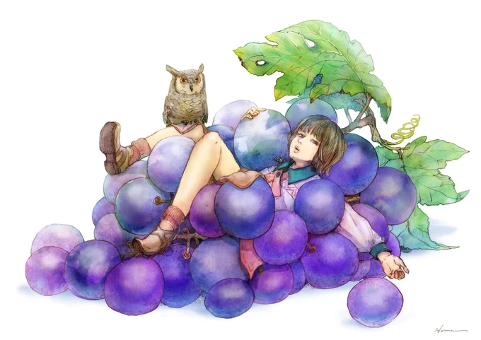『みまもられて』 シャープペンシル/透明水彩/Photoshop #illustration #イラストレーション #イラストぶどうも好き。一粒食べて、もっと食べたいな〜となるところとか。 