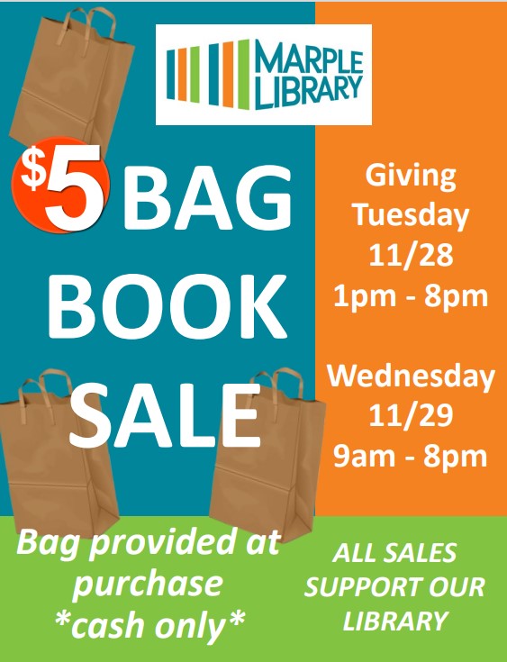 Giving Tuesday is Nov 28th. So many ways to make an impact in your community: 1) Donate to our Annual Fund Drive 2) Pick a Giving Tree wish 3) Stop by Tuesday 1pm to 8pm for the first day of our $5 Bag Book Sale or 4) Contact mamarketing@delcolibraries about sponsoring a program