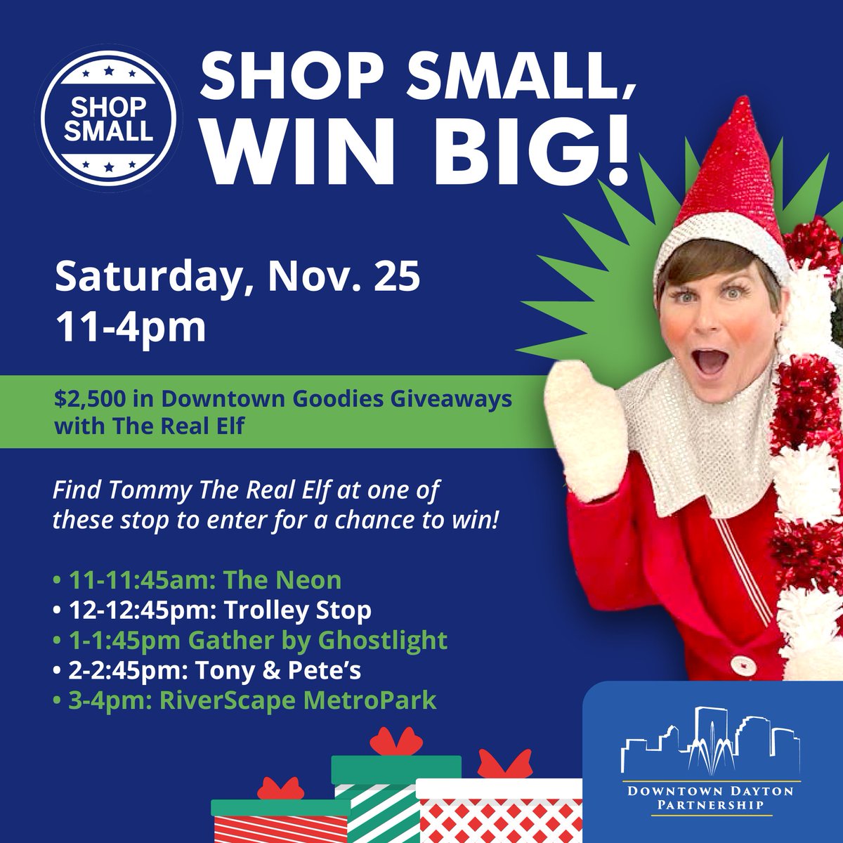DowntownDayton's tweet photo. Happy Shop Small Saturday! 🛍️

To thank you for supporting your downtown businesses, we're out and about today with @TheRealElfTommy , elfies, and the chance to win great prizes!

Check out holiday shopping inspiration in our Holiday Gift Guide at https://t.co/sk5axYkS4p https://t.co/GwuxPkP1ie