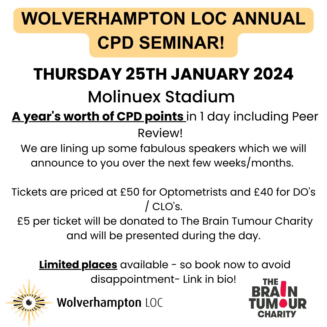 🚨 Wolverhampton LOC Seminar 🚨 

Book now to secure your place! 

#Optometry #Local #Optom #EyeHealth #Education #Community #Eyes #Professionals #LocalSupport #LeadingTheWay