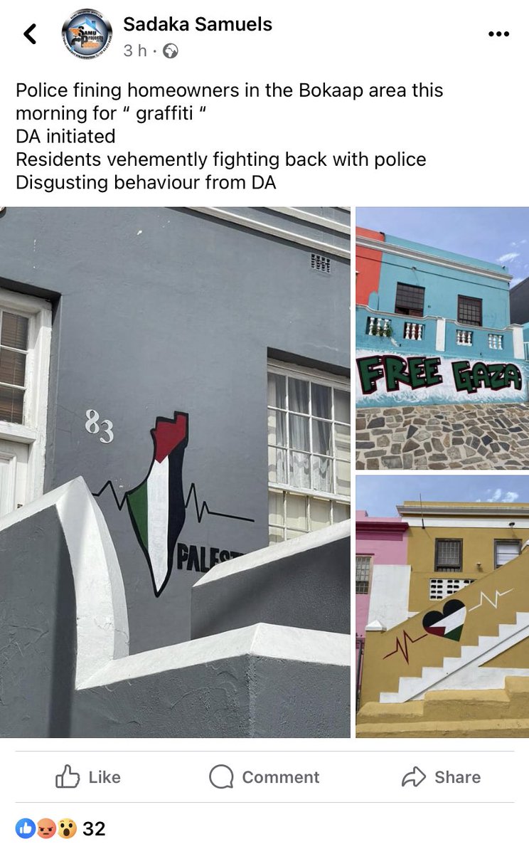 Bo-Kaap homeowners fined for Palestinian“graffiti”? Is this true? If it is, please explain how they getting fined for graffiti on their own property??? This is fucked up even for the Democratic Alliance.
<a href="/Our_DA/">Democratic Alliance</a> <a href="/jsteenhuisen/">John Steenhuisen MP</a> <a href="/geordinhl/">Geordin Hill-Lewis</a>