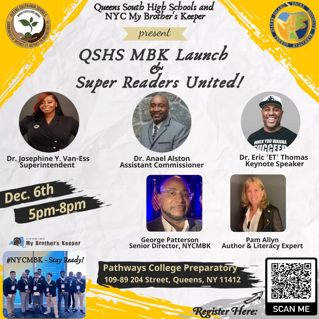 Major Announcement 🚨We are excited to announce the QSHS’ MBK Official District Launch🎉🎉Please join @DrAAlston , @nycmbk and I for this highly anticipated event as @Ericthomasbtc ,renowned author and motivational speaker, pours into our boys as they fortify their brotherhood 💪🏾