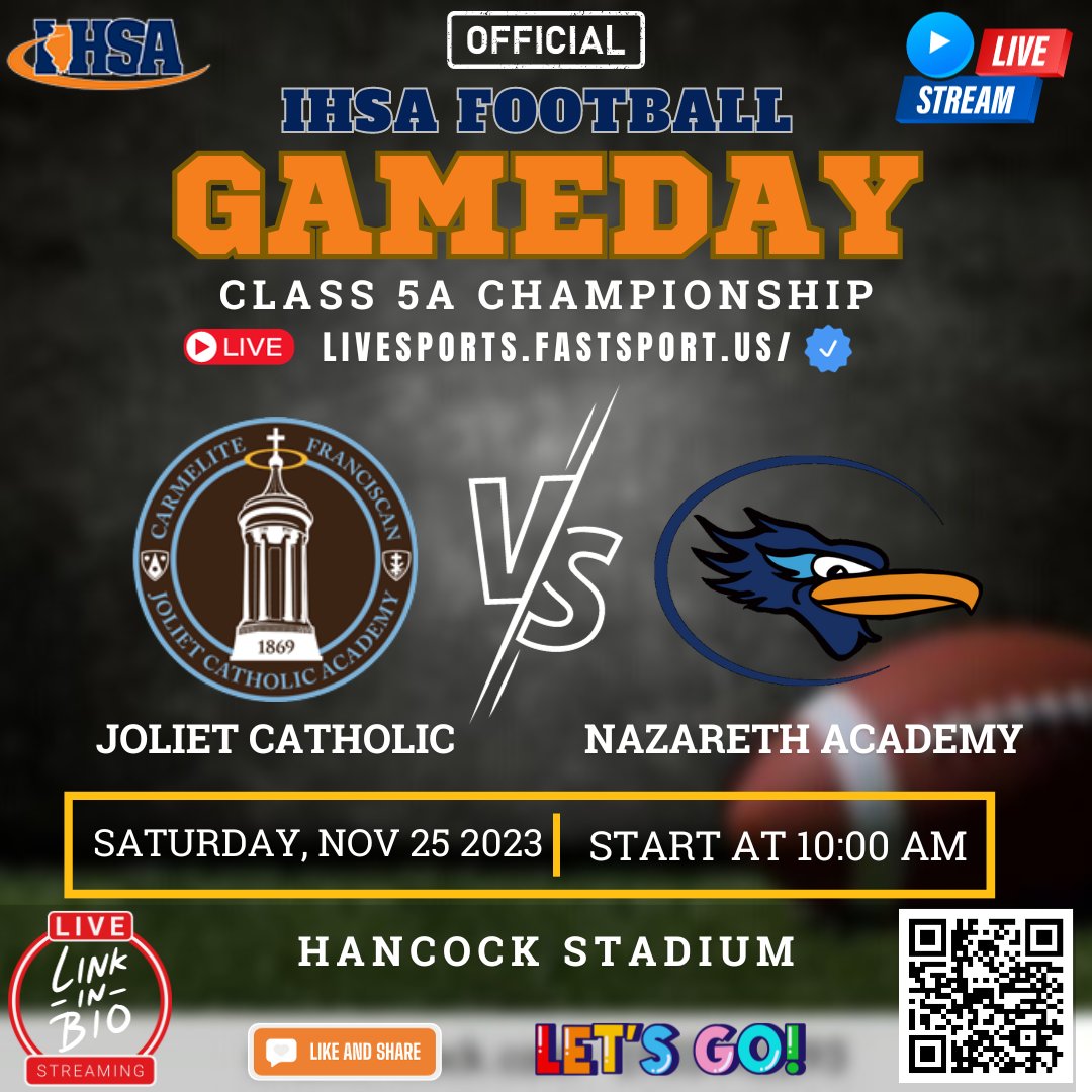 ‼️ GAMEDAY ‼️ IHSA Football Class 5A Championship 🏆 🏈 Joliet Catholic 10-3 🆚 Nazareth Academy 8-5 🎥 livesports.fastsport.us 🗓 Saturday, Nov 25 ⏰ 10:AM 📍 Hancock Stadium @JCAonline @JcaAthletics @HilltoppersFB @NazarethLGP @FootballNaz @NAZ_Pandas