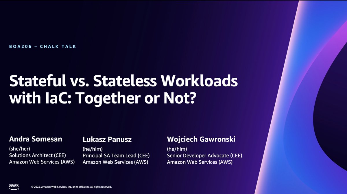 Ever wondered if you should combine your stateful and stateless workloads in your Infrastructure as Code (#IaC) configurations? @andrasomesan, @afronski, & @LukePanusz have got you covered with BOA206. Check it out at #AWSreInvent: go.aws/46wMk4I