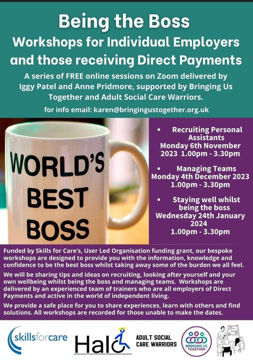 Do you run a team of care staff through a personal budget? Want to share good practise, and hear from people with lived experaince? Still time to sign up for our next session on managing teams. @Giselle_ASCWs @bustogether @beingthebossNo1