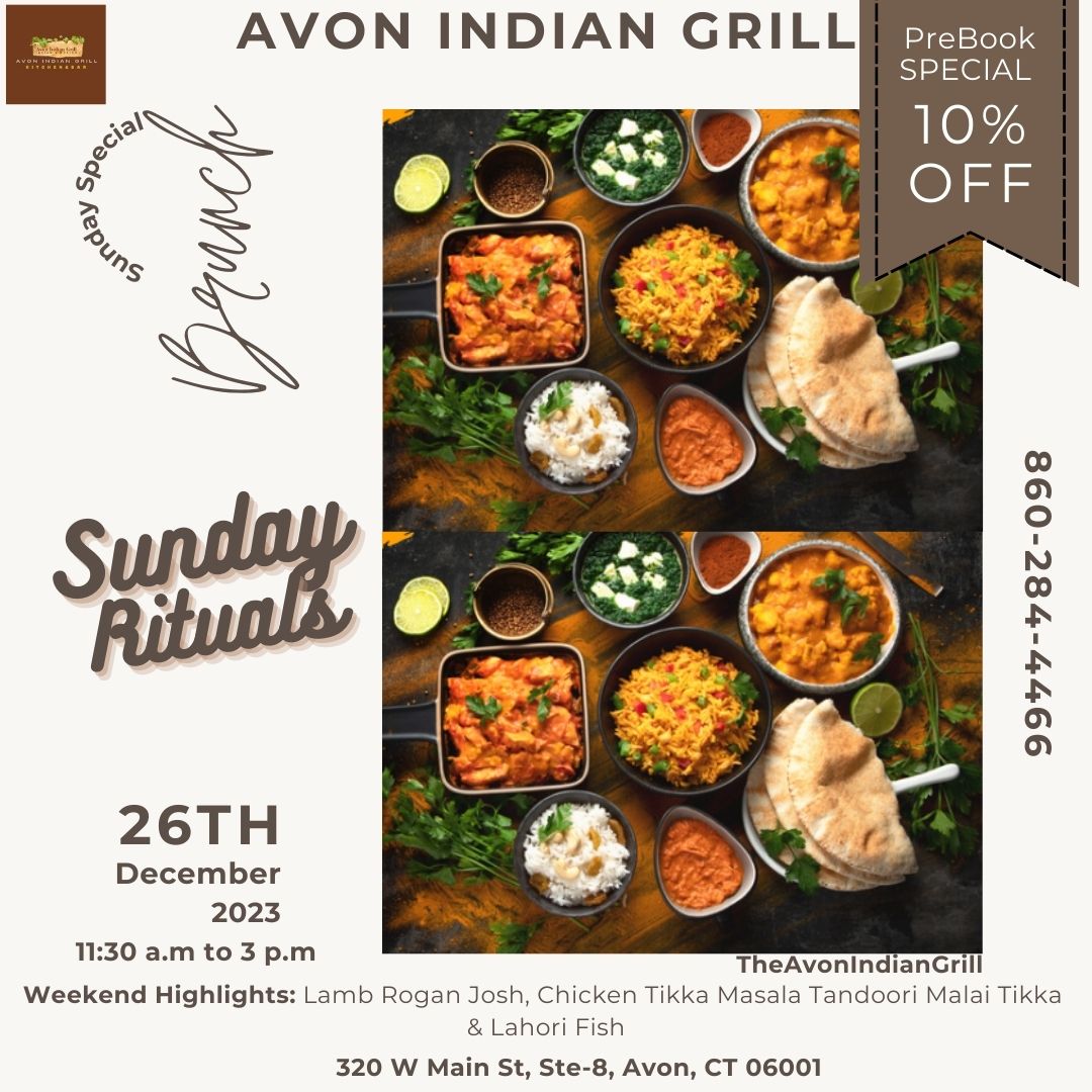 🌟 Sunday Brunch Alert at Avon Indian Grill! 🌟

Indulge in our Weekend Specials:
✨ Lamb Rogan Josh
✨ Chicken Tikka Masala
✨ Lahori Fish & more
#SundayBrunch #AvonIndianGrill #WeekendFeast #indianrestaurant #indianfood #indiancuisine #foodie
#foodporn #food #restaurant