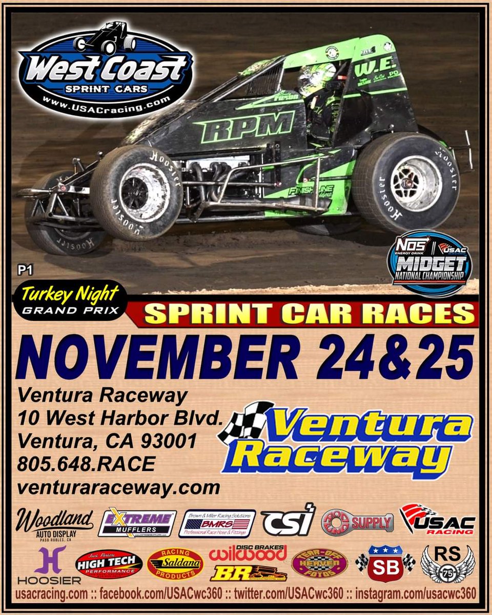USACwc360's tweet photo. IT'S RACE DAY! The USAC West Coast 360 Sprint Cars will battle at Ventura Raceway for the finale of the Turkey Night Grand Prix. The USAC National Midget Series will have their program and a 98 lap main event.
The prestigious event will be broadcast live on FloRacing.
#usac360 https://t.co/3Hnns2WsS0