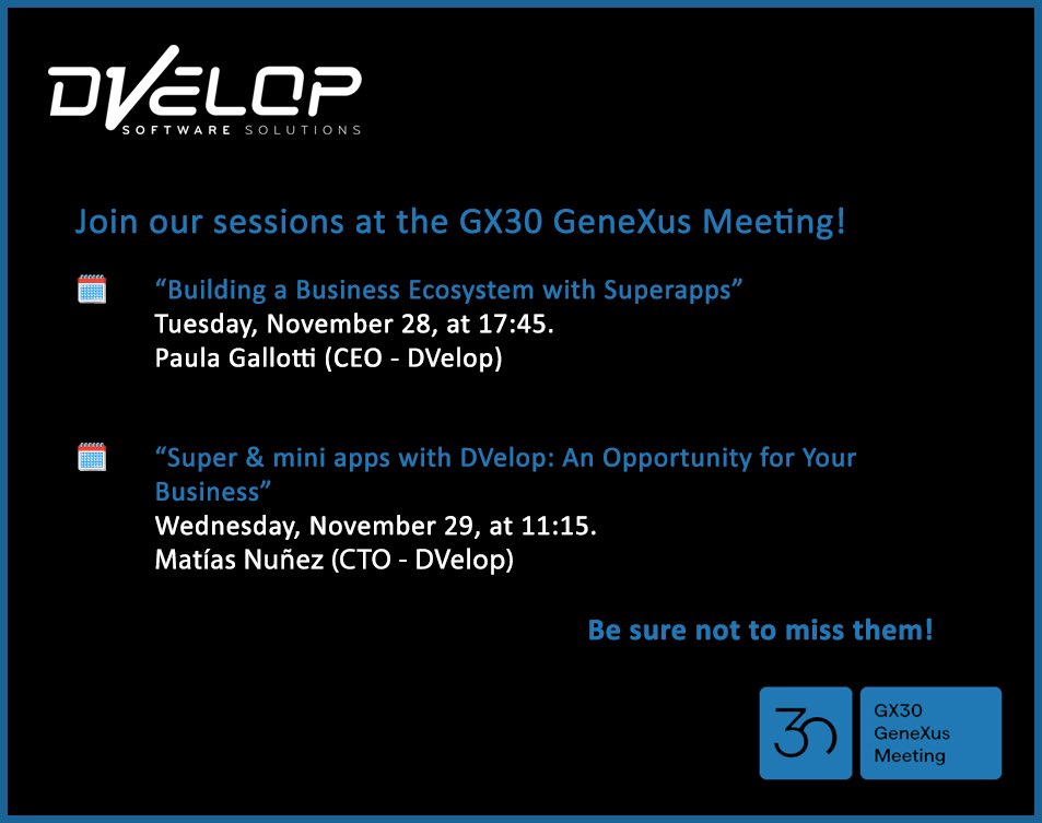 Con entusiasmo los esperamos en el próximo evento internacional <a href="/GeneXus/">GeneXus</a> #30. 

Los invitamos a pasar por nuestro stand ubicado el 2do piso y a presenciar nuestras charlas. 

¡Son bienvenidos! 

#GeneXus 
#GX30
#SuperApps
#Apps
#Software
#IA
#TI