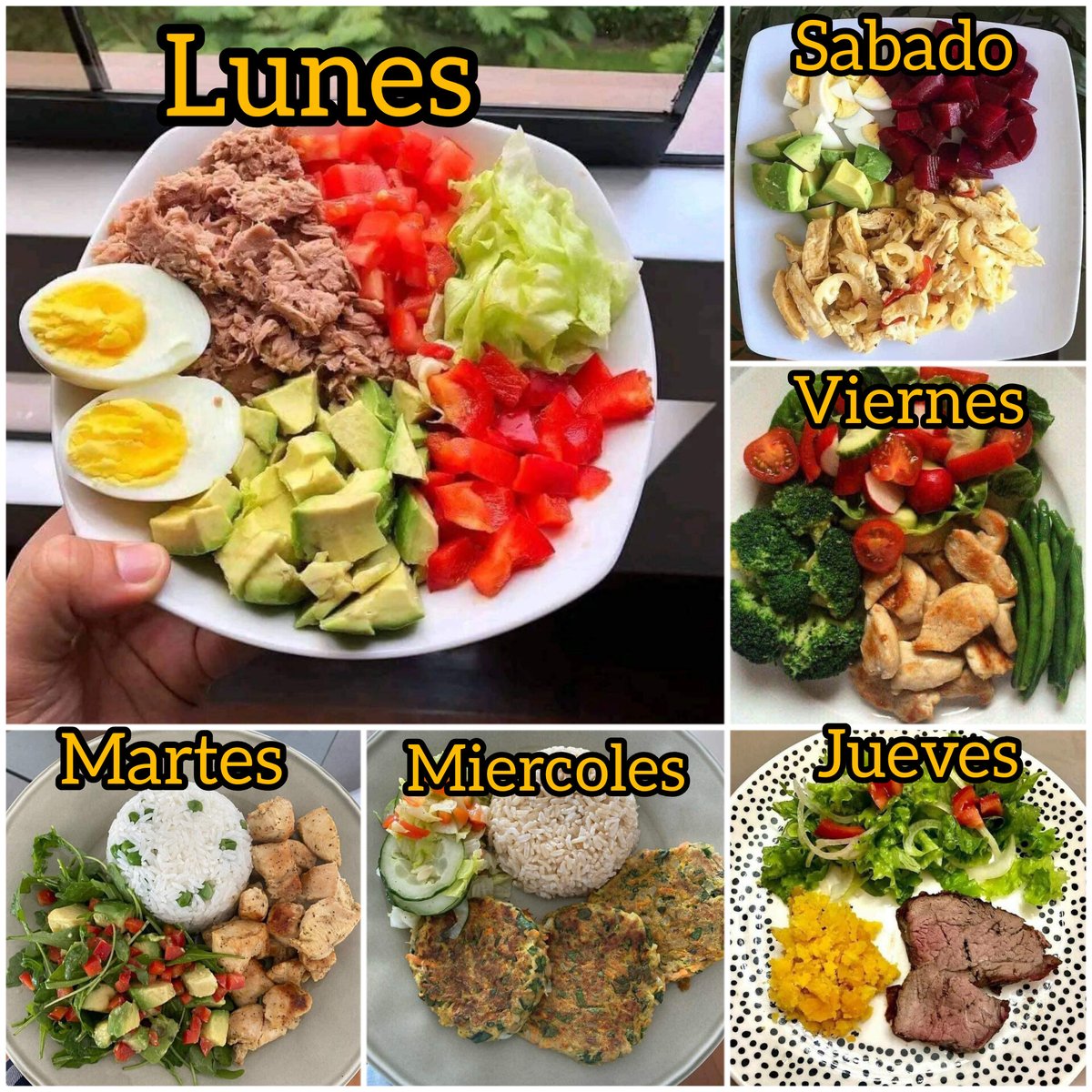 NutriologoGiron's tweet photo. IDEA DE COMIDAS PARA TU SEMANA

LUNES
Atun
Jitomate
Aguacate
Cebolla
Huevo 

MARTES
Arroz
Pechuga
Verduras

MIERCOLES
Tortitas de carne molida
Arroz
Verduras

JUEVES
Carne de res
Puré de papá
Verduras

VIERNES
Pechuga en cubos
Brocoli
Jitmate
Lechuga

SABADO
Pollo
Huevo
Aguacate
Betabel