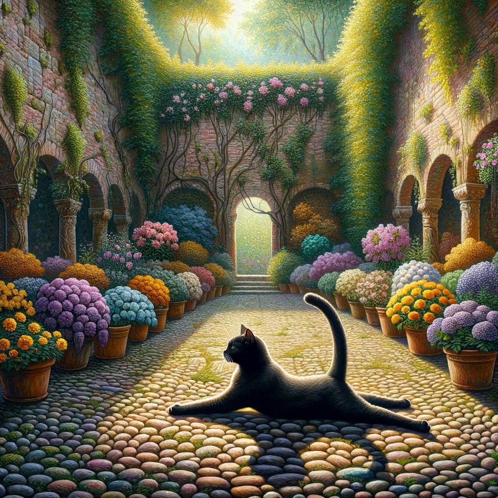 Happy Caturday😺
#cat #cats #kitten #kittens #kitty #kitties #kittycat #kitkat #blackcat #blackcats #catsoftheworld 
#caturday #saturday #catlove #catlife #catsrule 
#courtyard #flowers #garden #walledgarden #pictureoftheday #CatsOfTwitter 
#art #artwork #ai #aiart #aiartwork