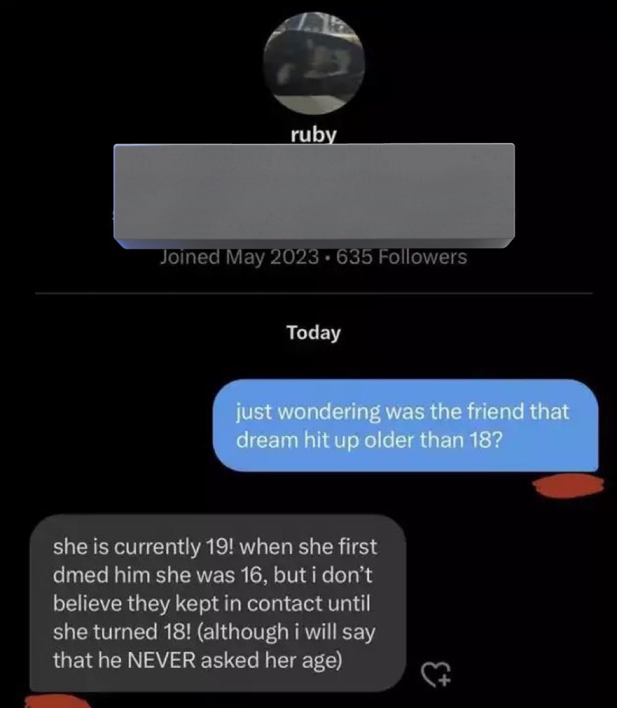 thelorebitch's tweet photo. what do you mean dream was at a bar last night meeting up with a 19 year old - but their first contact was when she was 16 - and her friend group who all had to stop themselves from making fun of him? 

that video is NOT coming out anytime soon 😭 https://t.co/EZHJLHH0hu
