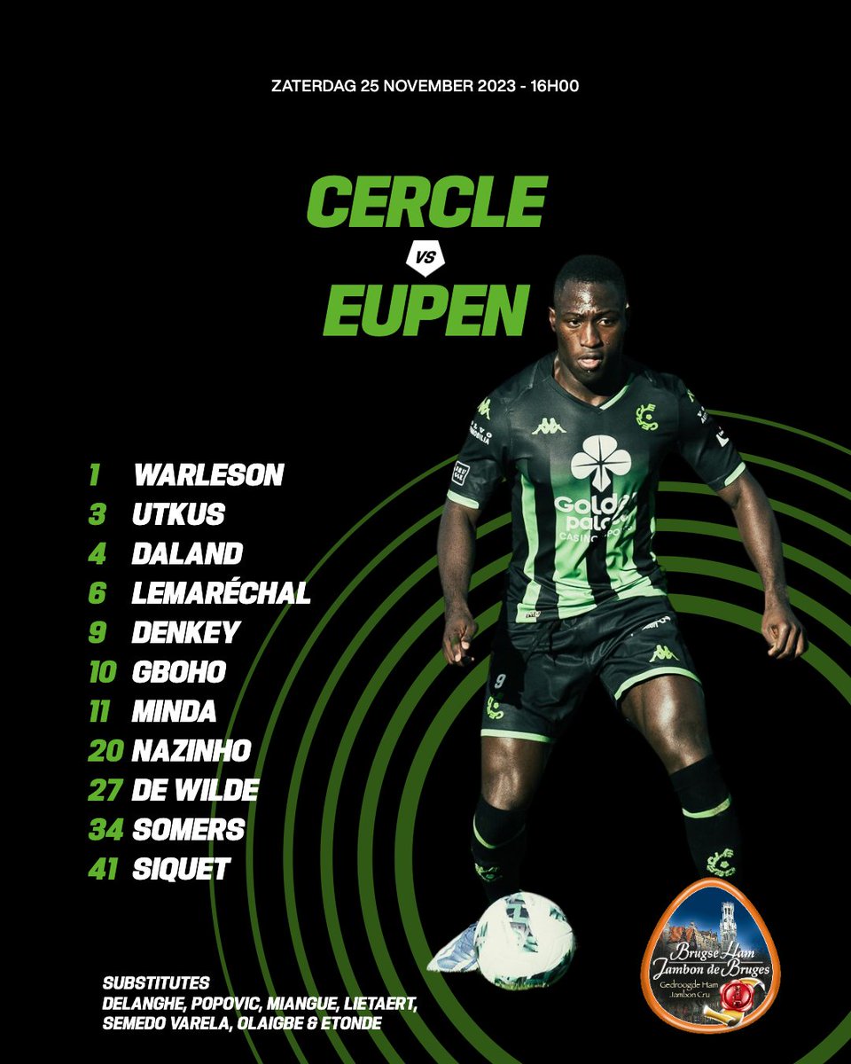 MaProLeague's tweet photo. ⚫️🟢 XI Cercle : Warleson, Utkus, Daland, Lemaréchal, Denkey, Gboho, Minda, Nazinho, De Wilde, Somers, Siquet

⚫️⚪️ XI Eupen : Slonina, Kral, Paeshuyse, Magnee, Keita, Möhwald, Davidson, Pantović, Nuhu, Charles-Cook

#CEREUP https://t.co/iNUqTu9YSy