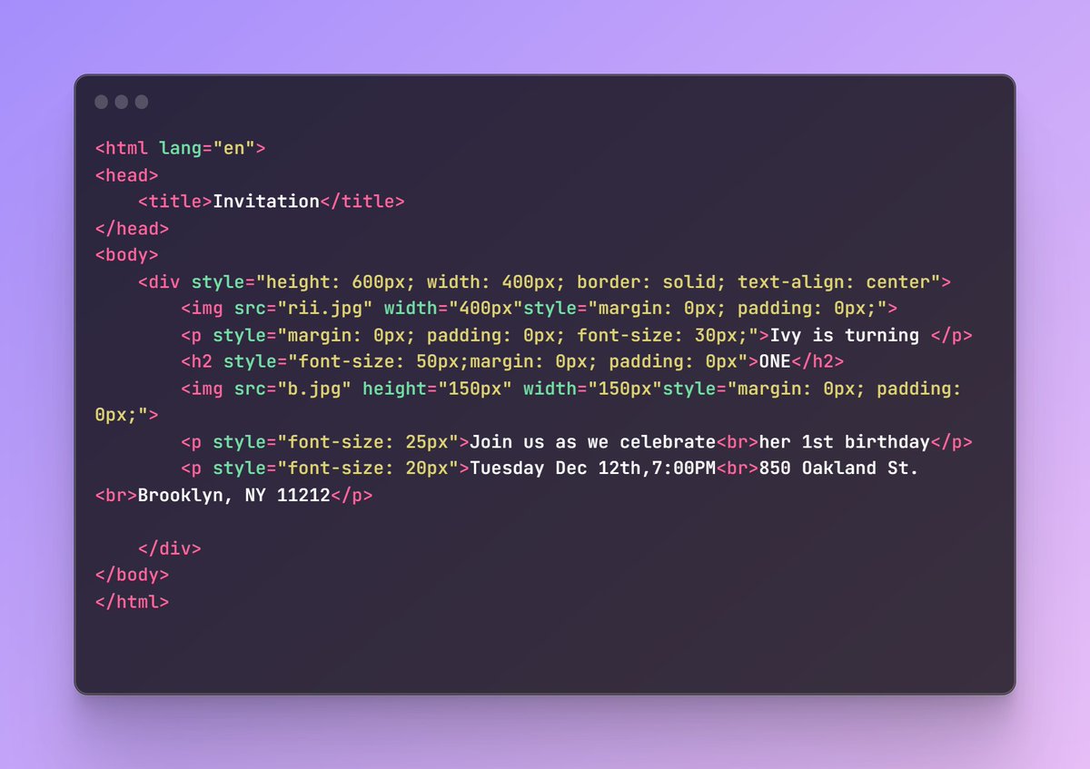 gauricodes's tweet image. Day 6 of #100DaysOfCode: Infused creativity into code! 🎉 Played with inline CSS and Google Fonts to craft stunning birthday invitation cards. Code meets celebration! 🎂💻✨ #WebDevMagic #CodeCreativity