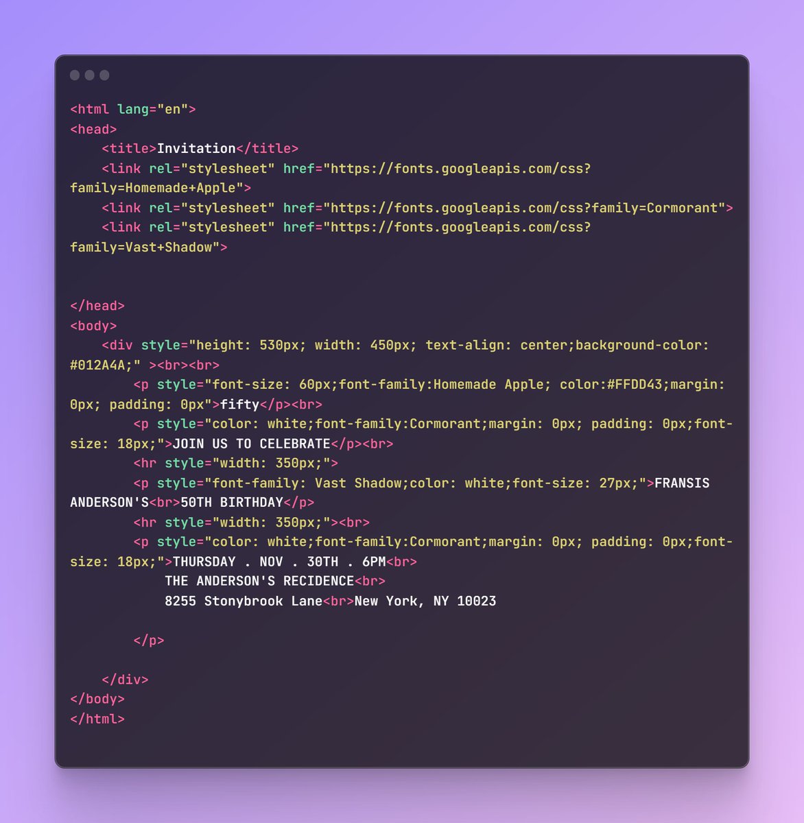 gauricodes's tweet image. Day 6 of #100DaysOfCode: Infused creativity into code! 🎉 Played with inline CSS and Google Fonts to craft stunning birthday invitation cards. Code meets celebration! 🎂💻✨ #WebDevMagic #CodeCreativity