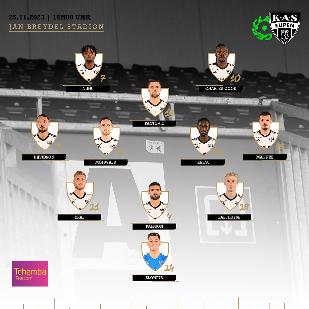 MaProLeague's tweet photo. ⚫️🟢 XI Cercle : Warleson, Utkus, Daland, Lemaréchal, Denkey, Gboho, Minda, Nazinho, De Wilde, Somers, Siquet

⚫️⚪️ XI Eupen : Slonina, Kral, Paeshuyse, Magnee, Keita, Möhwald, Davidson, Pantović, Nuhu, Charles-Cook

#CEREUP https://t.co/iNUqTu9YSy