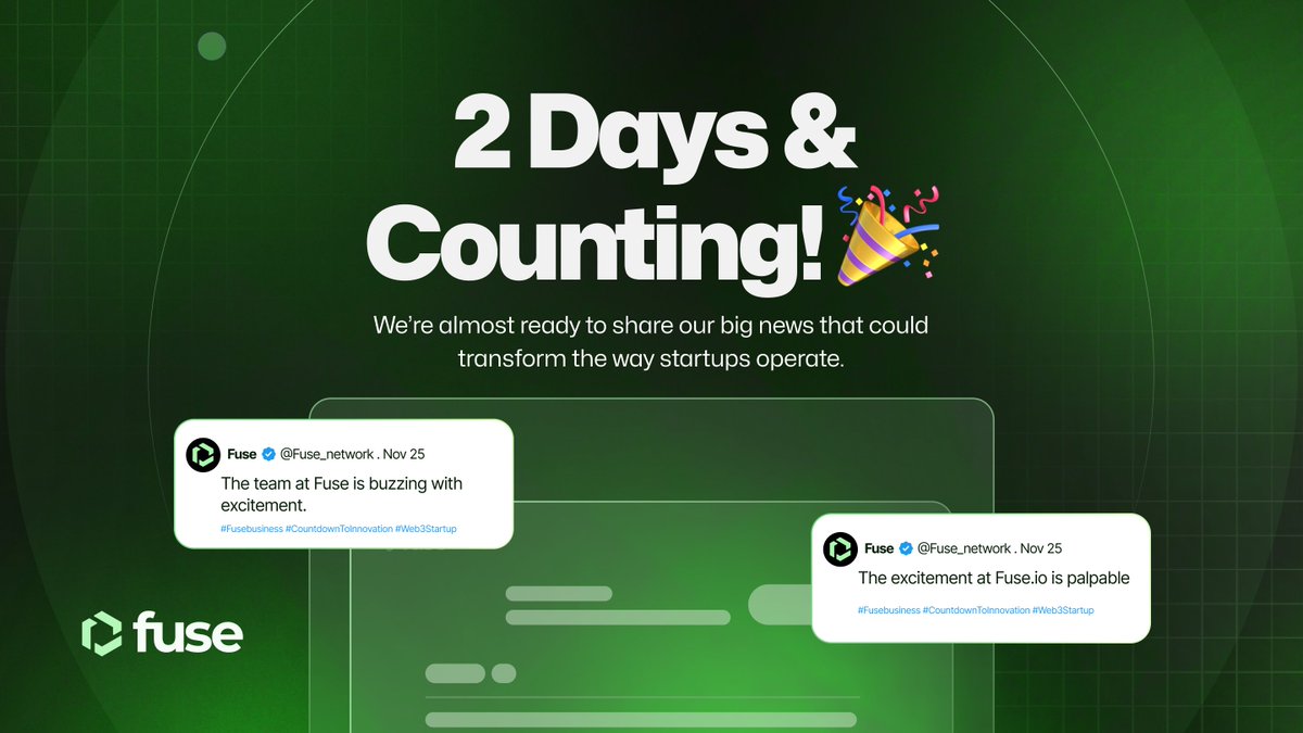 Fuse_network's tweet photo. ⏳ 2 Days and Counting! 

Our team is buzzing with excitement. We're almost ready to share our big news that could transform the way startups operate. Stay alert! 

#Fusebusiness #CountdownToInnovation #Web3Startup https://t.co/SWSd4wBQGJ
