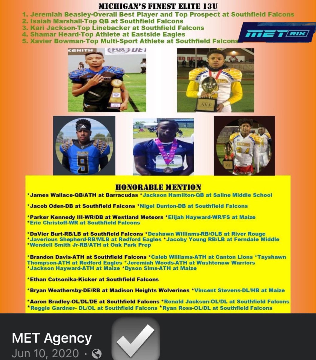 METNational's tweet photo. @JBeasley_2024 @ZekeMarshall07 
MET Agency ranked them in June 2020 before they entered high school. Before 247 Sports, Rivals, ESPN, or On3 knew them. The Top 2 players on our list Jeremiah Beasley and Zeke Marshall in the 2024 class will battle for state championship in their final high school game at Ford Field. Many other top players in the class on our list are playing in states today as well. MET Agency knows talent 👁️ 
We’re beyond PROUD of them all‼️
