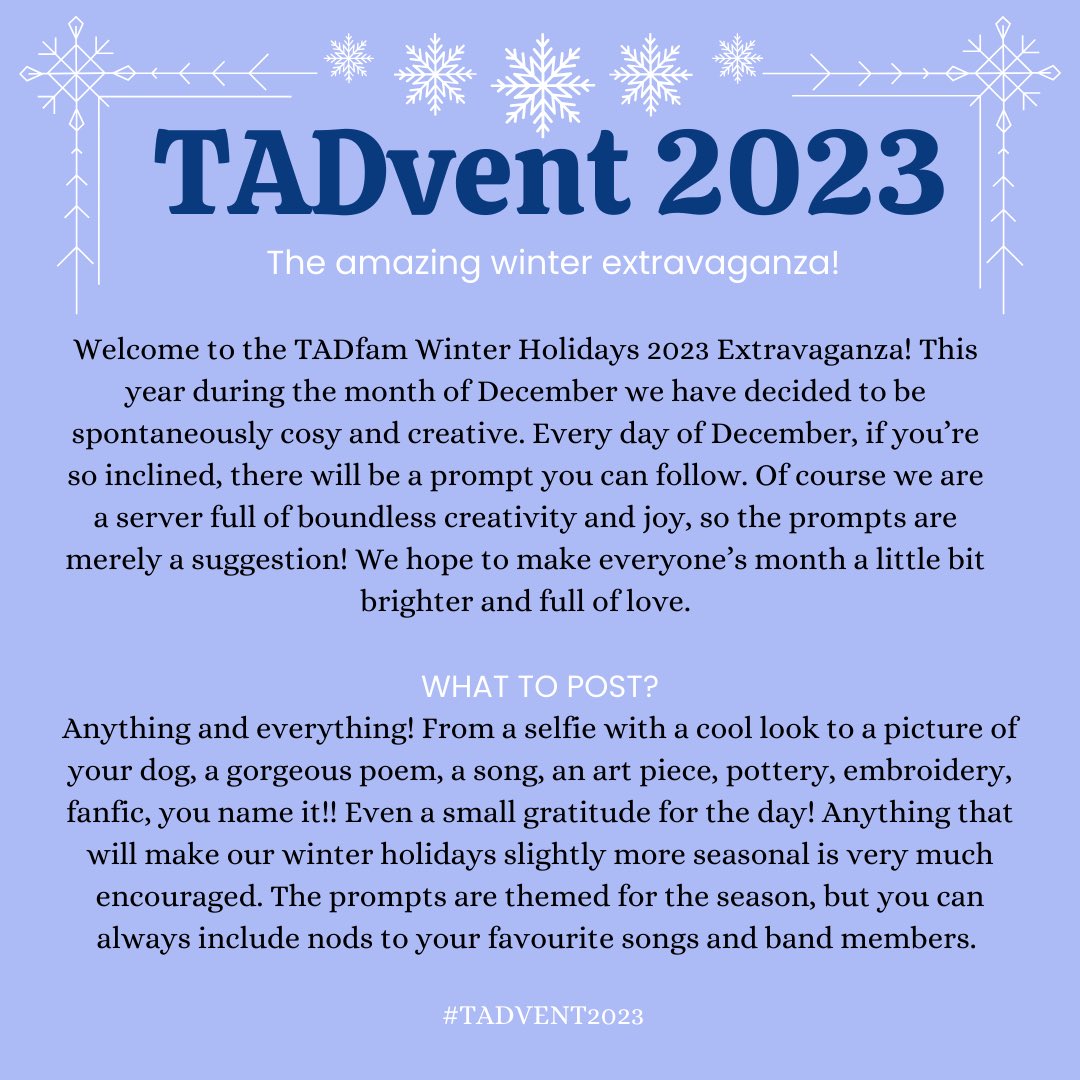 TADdiscord's tweet photo. Welcome to the TADfam Winter Holidays 2023 Extravaganza! We hope to make everyone’s month a little bit brighter and full of love. ❄️☃️ #TADVENT2023 #theamazingdevil https://t.co/mVGjac4RTA