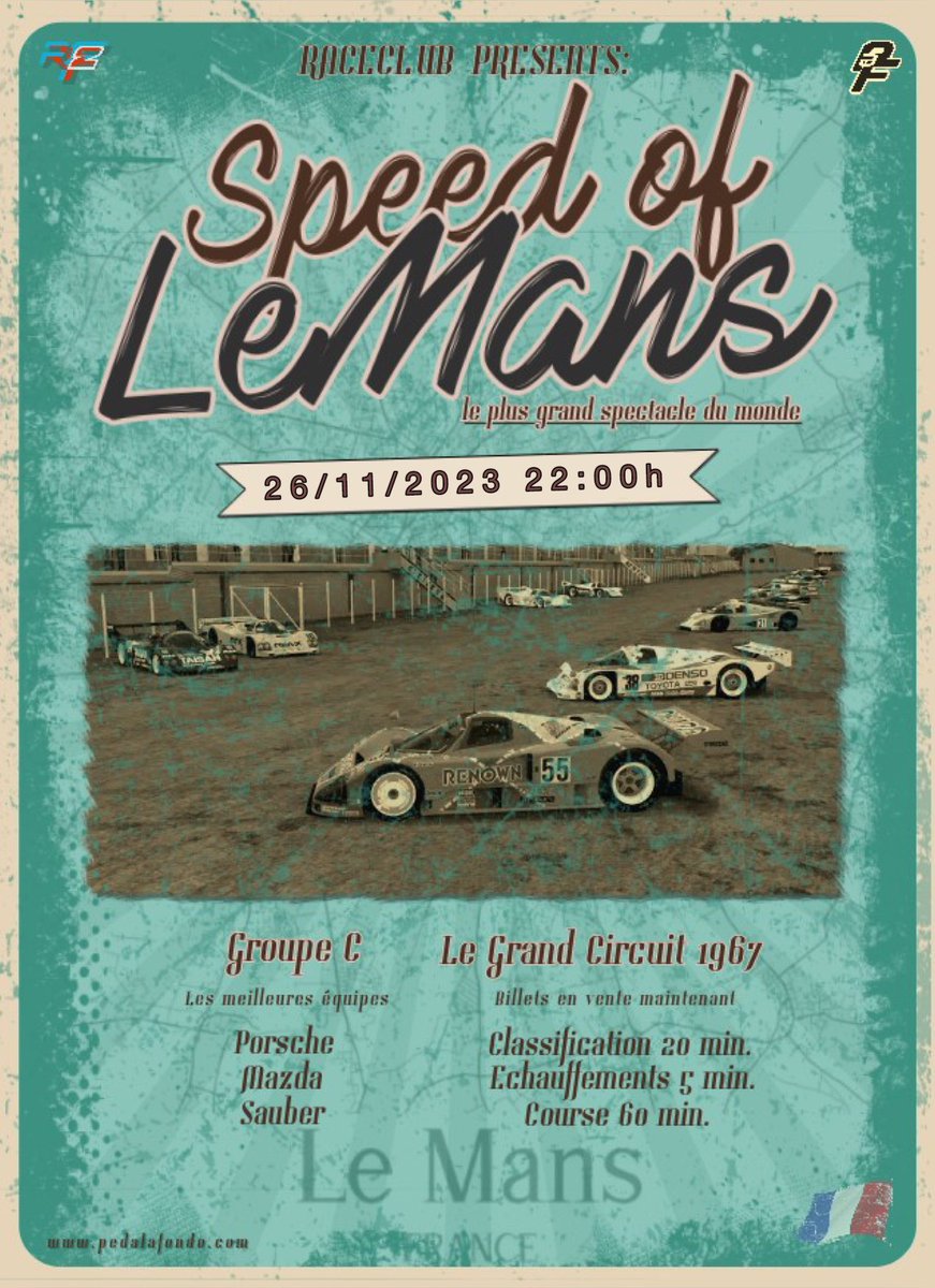 Este domingo rFactor2.
A las 22.00h los Grupo C rugirán en la versión más despiadada de Lemans. Misión: Romper la barrera de los 400kms/h y regresar a box para contarlo
#paf #pedalafondo #rfactor2 #lemansclassic