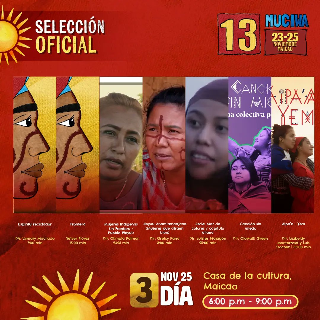 RedWayuu's tweet photo. #MUCIWA2023 🎬📸 |

En nuestra última noche de cine bajo las estrellas les presentamos las películas, cortometrajes y documentales que nos acompañarán en el cierre de la 13° Muestra de Cine y Video Wayuu.

📌 Maicao, La Guajira
(Casa de la Cultura)
🗓 25 noviembre 2023 / 6pm https://t.co/X7shfuMxJU
