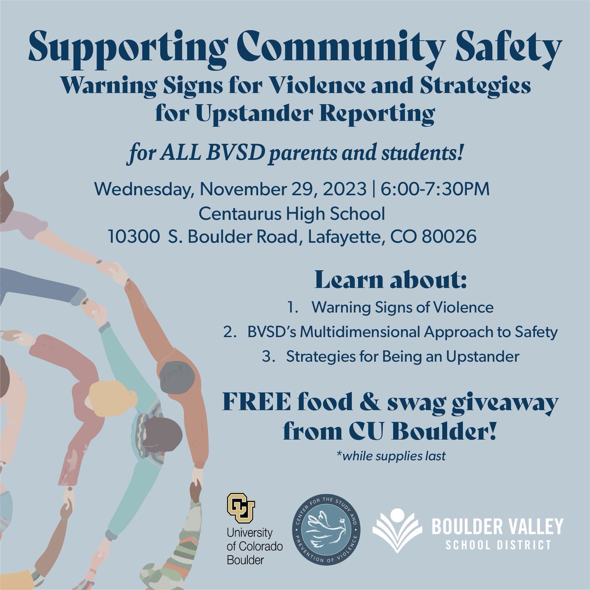 Are you a BVSD parent, student or family member? Please join us to support community safety on Nov. 29! This special presentation is part of ongoing efforts to learn the warning signs of violence and how to be an upstander. #PreventViolence #Upstander #WarningSigns #ThankYou