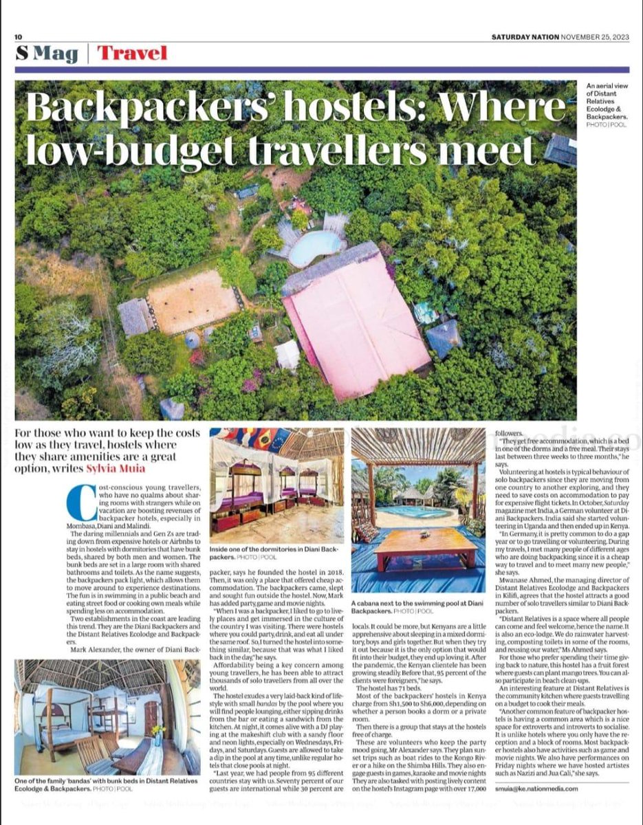 🔊 DR & Diani Backpackers featured in Daily Nation - Travel Mag 'Backpackers Hostels: Where low-budget travelers meet!” Grab ur copy! 📰Despite tweaks 🫣, reach out for details & explore unique experience. 🏡 Ready for your budget-friendly adventure?