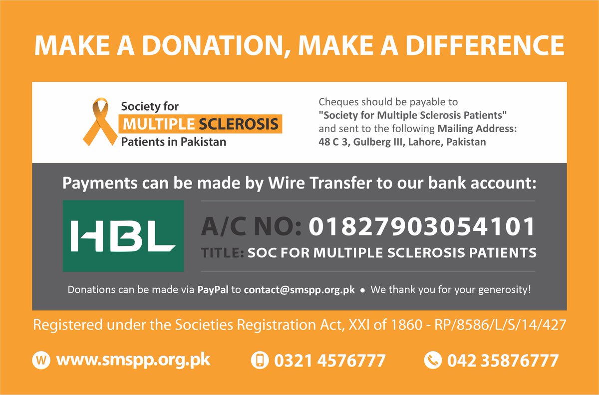 SMSPPakistan's tweet photo. Medicines for November 2023 were dispatched to 20 #MS patients in different cities of Pakistan. Please support the MS Society by sponsoring a patient.

BANK: Habib Bank Limited
TITLE: SOC FOR MULTIPLE SCLEROSIS PATIENTS
ACC NO: 01827903054101
IBAN: PK15HABB0001827903054101 https://t.co/GICpiSjnFY