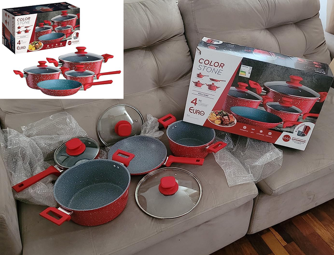 Conjunto de panelas ColorStone 4 peças de alumínio com antiaderente e tampa de vidro, Volcano, ALU8709-VO, Euro Home