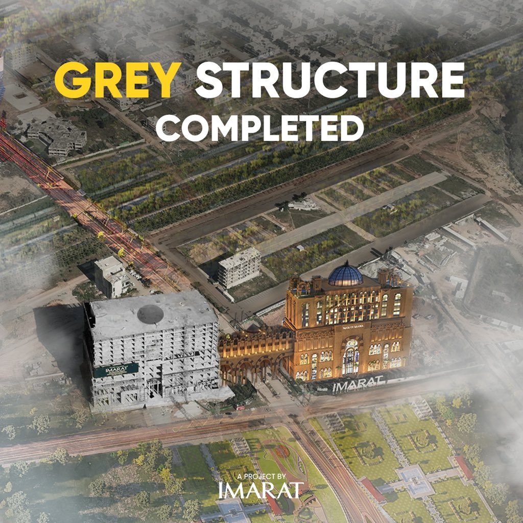 ImaratPK's tweet photo. Why are we different? It's our unwavering commitment to our promises that sets us apart. 

IMARAT proudly achieves a milestone with the completion of Tower 1's grey structure at the Mall of IMARAT, while the second tower gears up for full-throttle construction. https://t.co/mG7ZTv32Ny