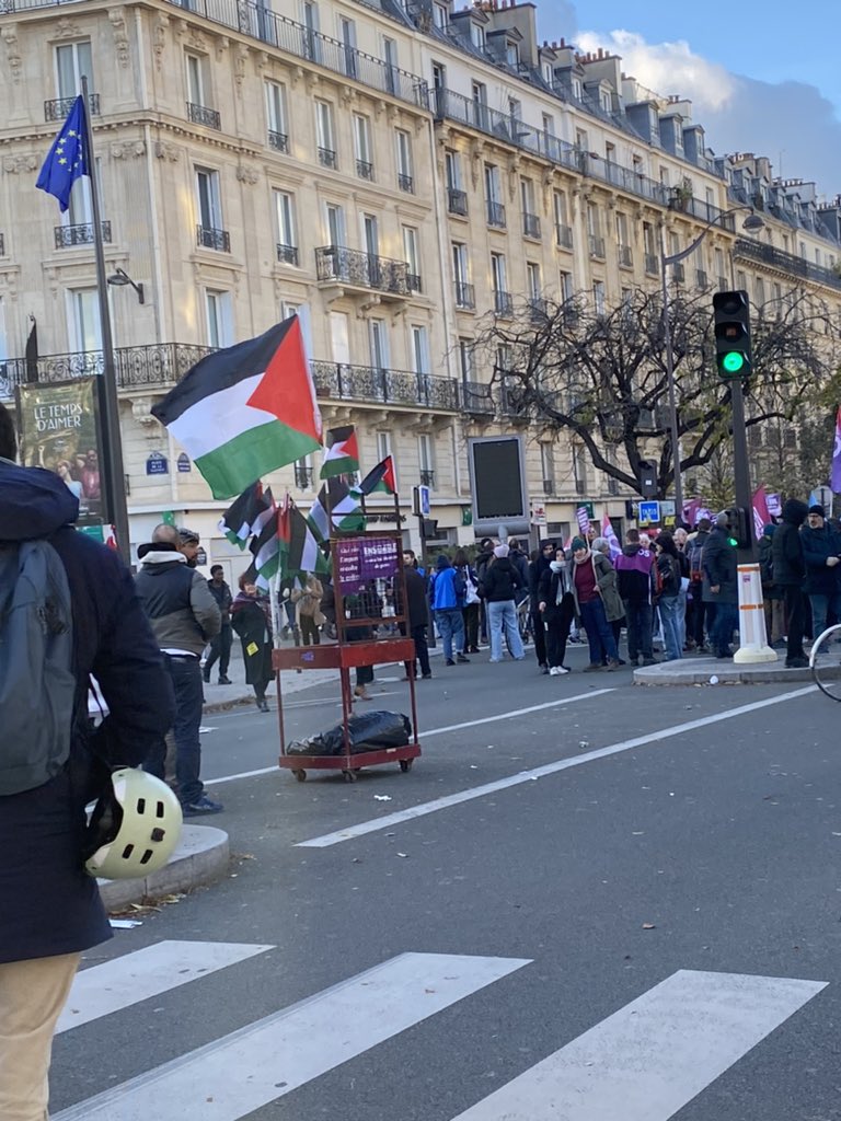 DeborahAsseraf's tweet photo. En manif féministe on trouve des petits stands de distribution de drapeaux palestiniens. Par contre un cortège sans drapeau en soutien aux victimes israéliennes des viols et féminicides commis par le Hamas n’est pas admis. Cherchez l’erreur. #NousToutes  #25Novembre2023 https://t.co/TIP34hJPon