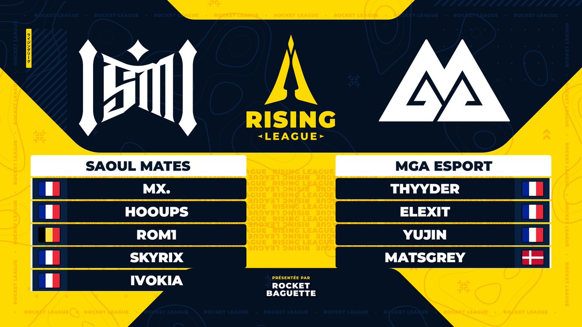 💫 #RisingLeague - Équipes 3 &amp; 4 💫
Découvrez SAOUL MATES &amp; <a href="/mgaesport/">MGA Esport</a> !

🥳 - <a href="/ItsJustMx49/">Mx. :=)</a> 🇫🇷, <a href="/HooupsRL/">Hooups</a> 🇨🇭 &amp; <a href="/rom1_rl/">Rom1_</a> 🇧🇪 (+ <a href="/Skyrix_RL/">Skyrix.</a> 🇫🇷, <a href="/ivokia_rl/">ivokia</a> 🇫🇷)
🏔️ - <a href="/Thyyder1/">Thyyder</a> 🇫🇷, <a href="/Elexit_RL/">EleXiT. ✰</a> 🇫🇷 &amp; <a href="/YujinRl/">M8 yujin</a> 🇫🇷 (+ <a href="/matsgrey_/">matsgrey</a> 🇩🇰)

Rendez-vous le 27/11 à 19h00 pour les 1ers matchs ! 👀