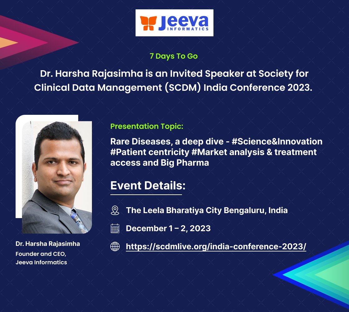 Jeevatrials's tweet image. Join us at @SCDM_DataDriven Conference 2023! Our CEO, Dr. @HarshaRajasimha, will speak on patient-centricity, rare diseases, and the human touch in clinical #datamanagement with highlights about @Jeevatrials&apos; innovative EDC and eCOA tech. See you in 7 days!

#SCDM2023 #SCDMIndia